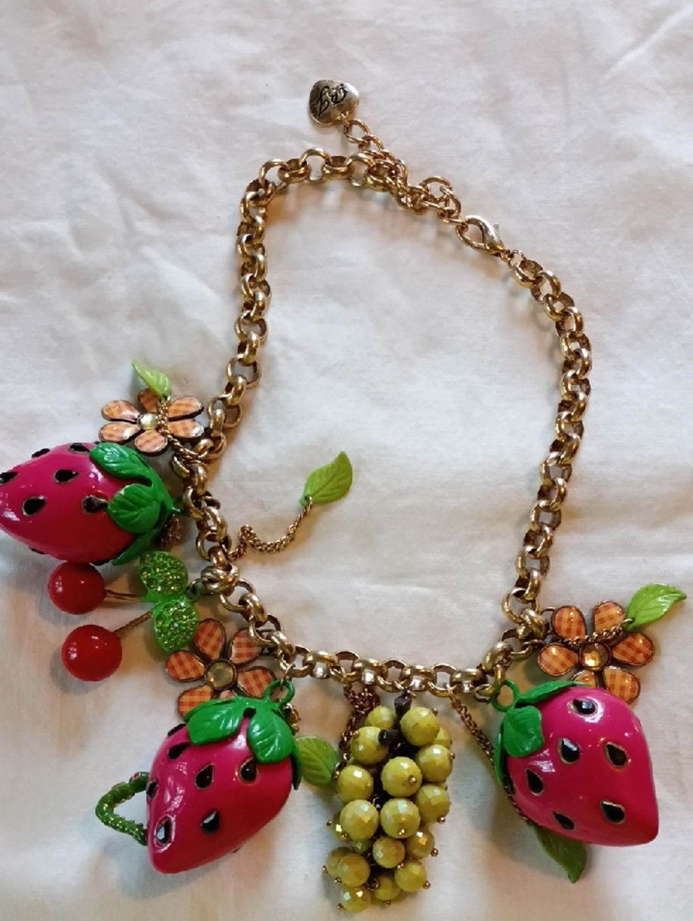 Colorful Fruit Charm Statement Necklace - Pink Strawberries & Yellow Grapes